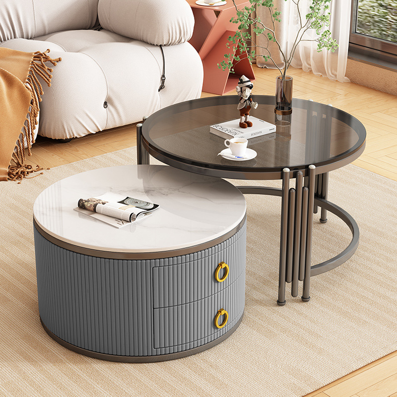 Modern Glass Rock Board Coffee Table Size Combination Living Room Home Light Luxury Simple Small Apartment Retractable High-High Round Shape