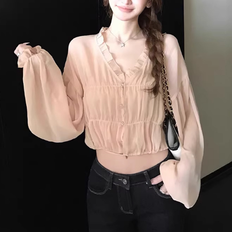 'Tipsy Sweet Wine' Chiffon Crinkled Shirt, Slightly Sheer Blouse, Romantic Top with 230g Thick Modal Camisole