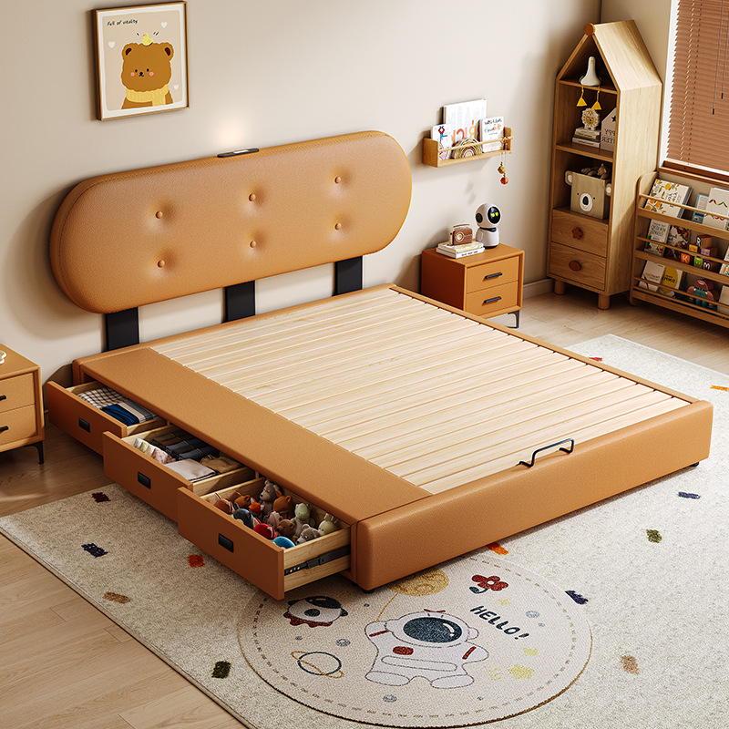 Ultra-Thin Bedside Biscuit Children's Bed Small Apartment Girl Princess Storage Bed with Guardrail Adjustable Soft Leather Bed