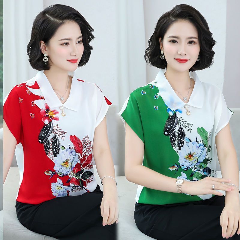 Large Printed Large Size Short-Sleeved T-Shirt Petal New Mother's Wear Elegant Brooch to Cover Belly and Hide Flesh Summer Tops for Women