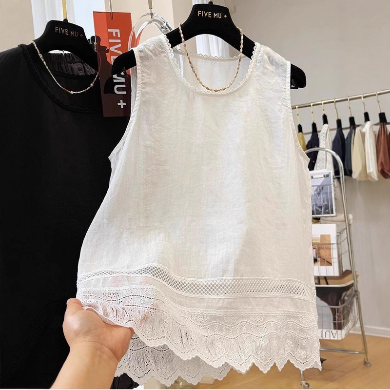 French Lace Linen Vest T-Shirt Women's Summer Thin High-End Loose Layered Cotton and Linen Sleeveless Top