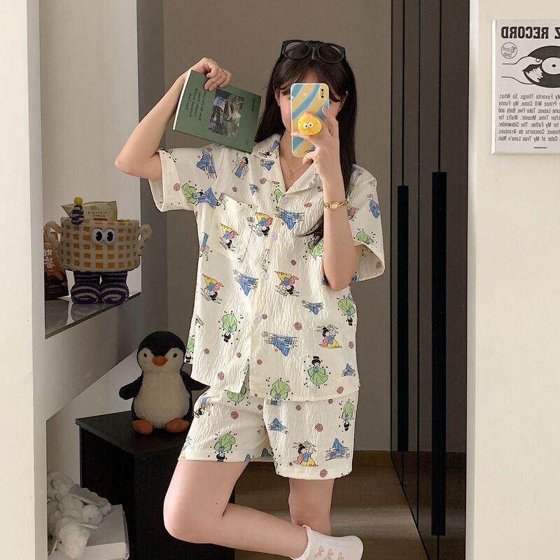 Cross-Border Wholesale Cloud Cotton 120g Popular Pajamas for Women Summer Sweet Short-Sleeved Shorts Cartoon Outer Wear Home Clothes Set