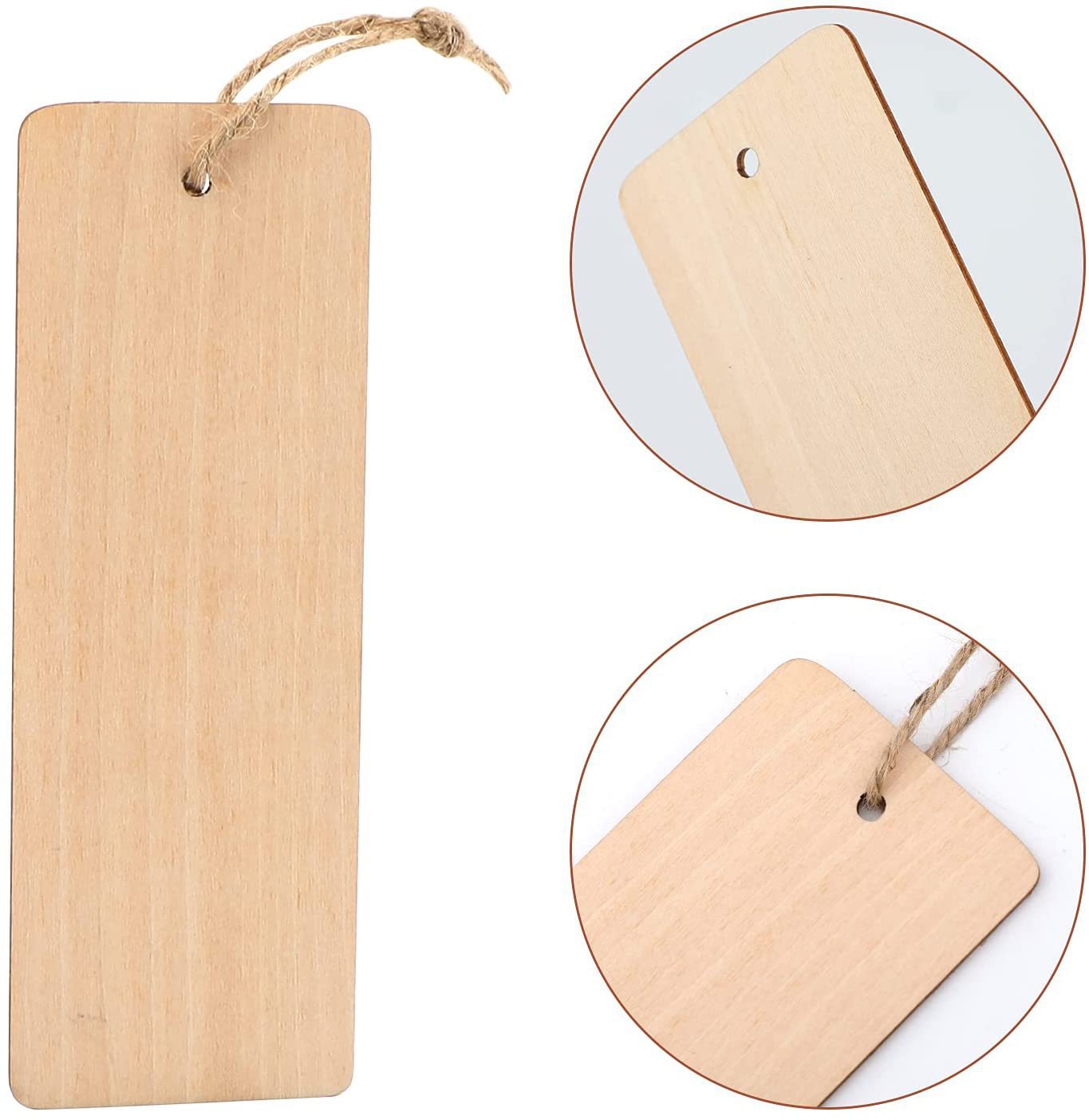 10pcs木质空白书签标签 DIY未完成带绳矩形挂牌 圣诞婚礼生日卡