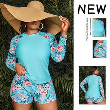 bikini2024新款外贸印花大码长袖泳衣欧美平角短裤分体比基尼泳装