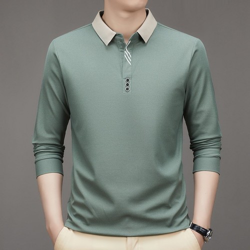 Men's Short Sleeve Autumn Long Sleeve Polo Shirt Business Shear Collar Fitted Solid Color Collar Base T-shirt Men