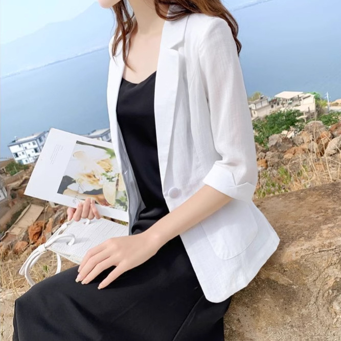Neuer dünner Leinenblazer für Damen, Sommer 2025, britischer Stil, lässige Mode, Baumwoll-Leinen-Blazer in Größe S, auch in Übergrößen erhältlich_voghion.com