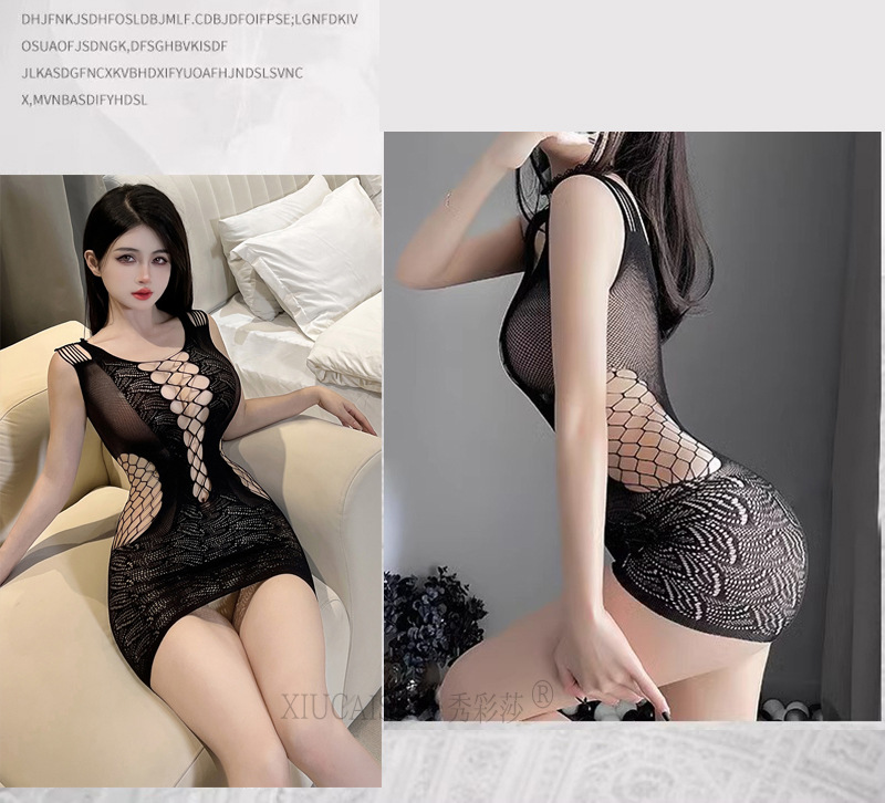 See-Through Black Mesh Babydoll Lingerie Set with Tearable Full-Body Design and Plus-Size Fit — detail image 8