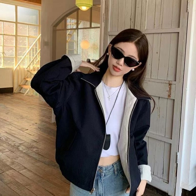 New Striped Lapel Reversible Jacket 2025 Autumn and Winter Retro Design Loose Casual Versatile Top