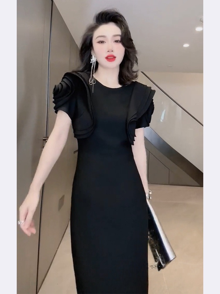 Đầm đen dáng ôm phong cách Hepburn thời trang hè mới FL231696, đầm dài thanh lịch kiểu Pháp — Màu đen