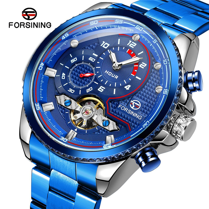 Forsining Fusini 8229 reloj mecánico automático de volante casual para hombre correa de acero reloj transparente
