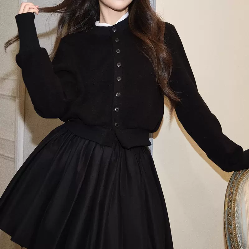 现货avenem拼接针织外套/设计感圆领单排扣针织开衫外套上衣女