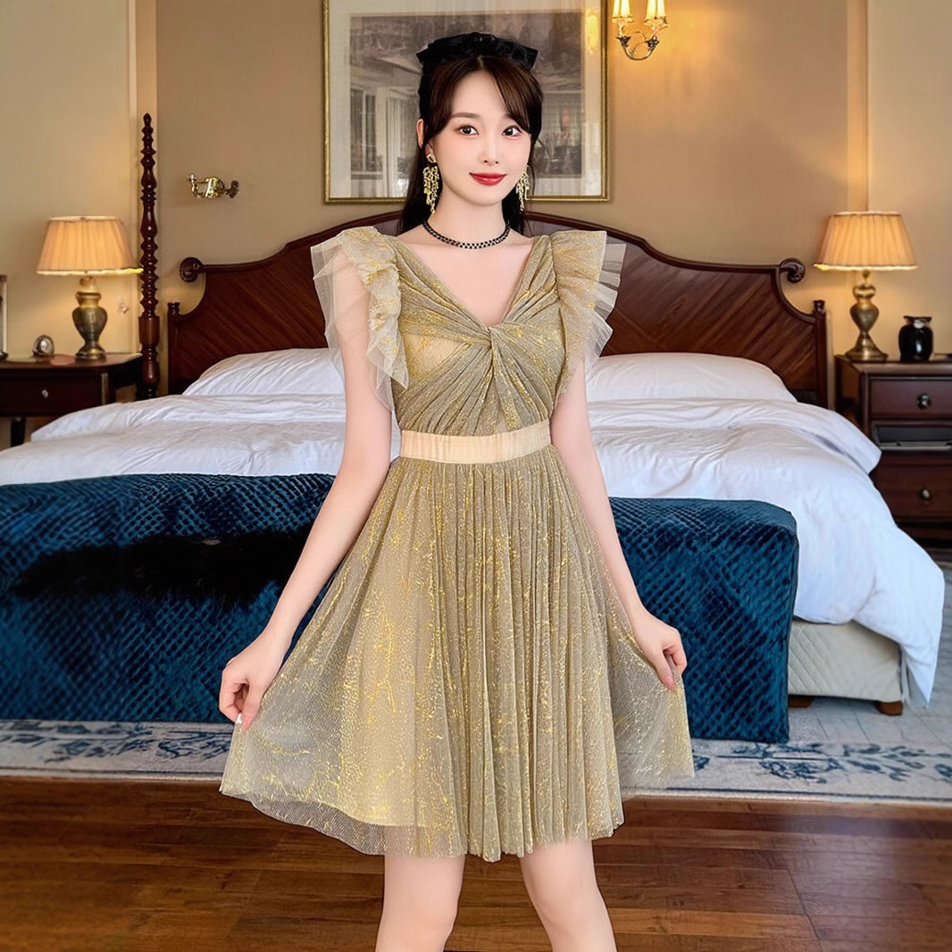 Đầm dạ hội nữ phong cách Pháp eo thon, kiểu công chúa bồng bềnh — Màu vàng mơ