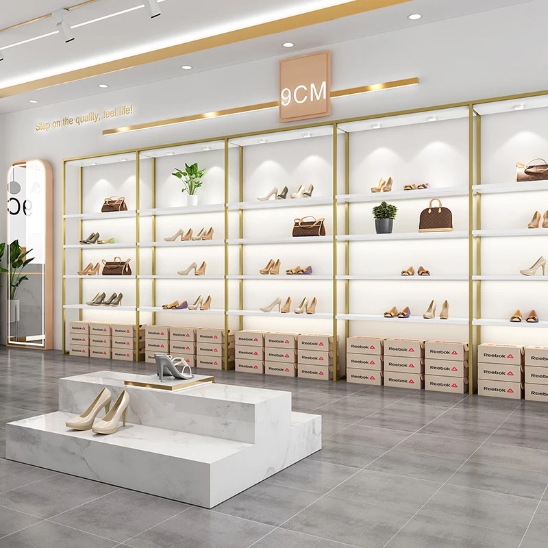 Estanterías de exhibición para supermercados, estanterías para zapatos, estanterías de pie para tiendas de bolsos, armarios de ropa y zapatos de varias capas, personalizadas de acero y madera, personalización completa de la tienda