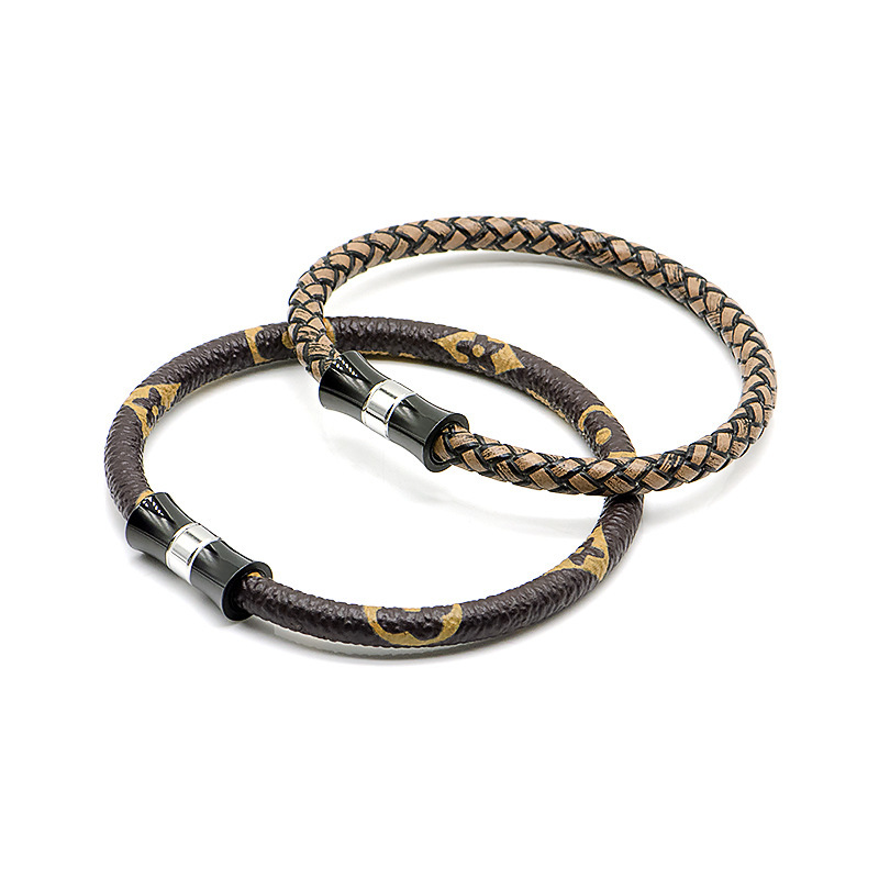 Fashion stainless steel flared magnetic buckle round hole calfskin pattern bracelet versatile braided rope leather rope bracelet bracelet