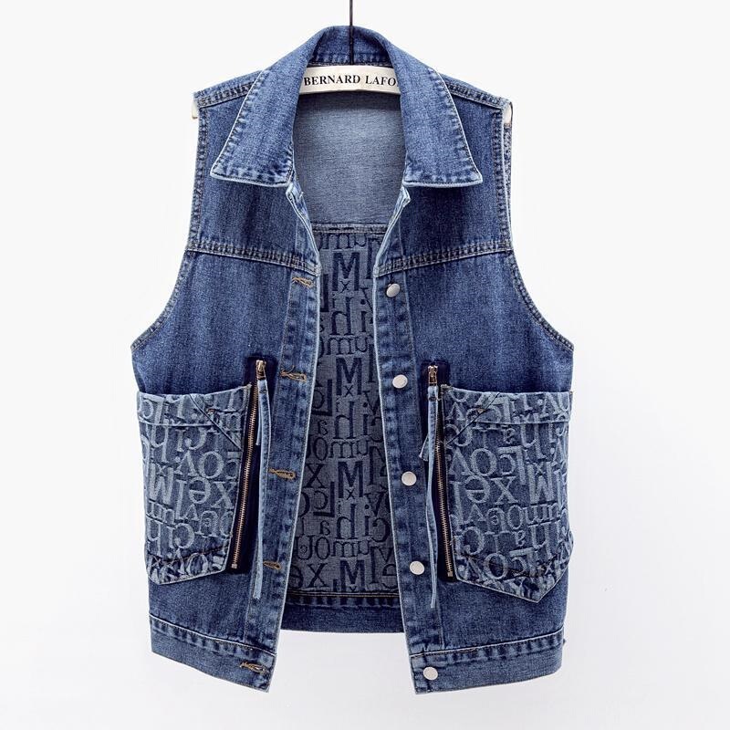 2022 Denim Vest for Women, Korean Style Loose Jacquard Patchwork Long Sleeveless Jacket with Large Pockets, Women's Vest