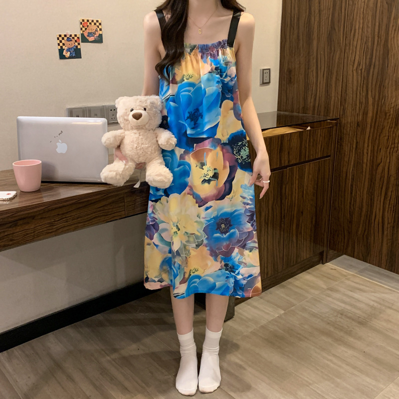 Plus Size New Spring/Summer Ultra-Soft Ice Silk Pajamas for Girls, Printed Camisole Dress Loungewear 100kg Wearable