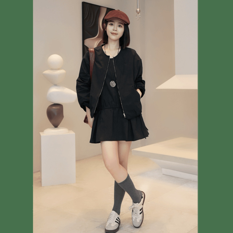 设计感穿搭一整套2025春季新款复古气质圆领拉链短外套吊带裙女装|undefined