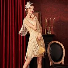 跨境复古盖茨比舞会派对亮片流苏连衣裙晚会舞蹈表演演出舞裙礼服