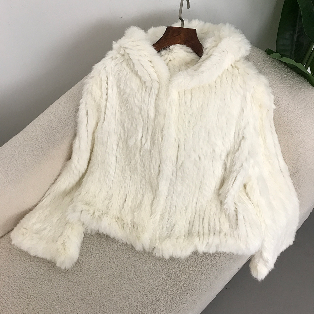 Abbigliamento da donna Nuovo autunno e inverno Criptato ispessito fatto a mano a doppia faccia tessuto con cappuccio corto in pelliccia di coniglio per le donne stile giovane_voghion.com