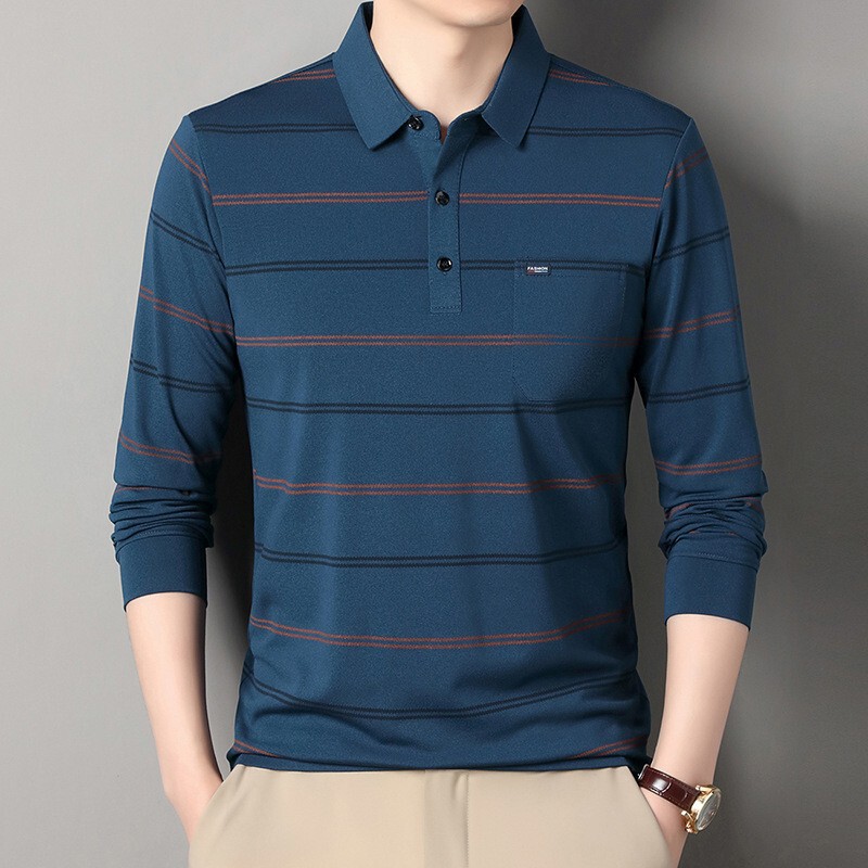 Men's Polo Shirt Spring and Autumn Striped Real Pocket Long-Sleeve T-Shirt Middle-Aged Turn-Down Collar Casual Top Men's Trendy T-Shirt Men's Polo Shirt Spring and Autumn Striped Real Pocket Long-Sleeve T-Shirt Middle-Aged Turn-Down Collar Casual Top Men's Trendy T-Shirt