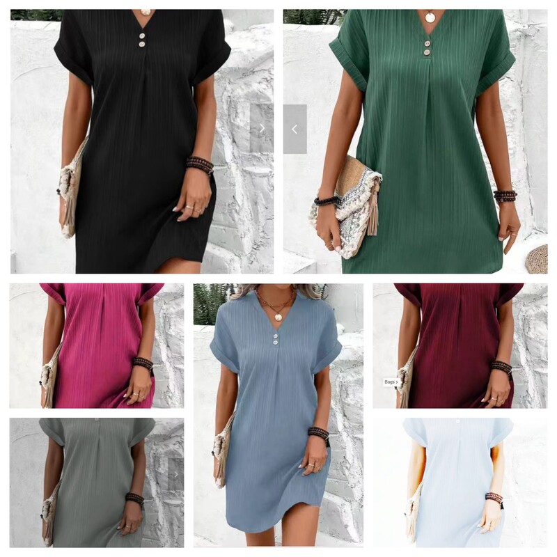 Cross-Border European and American Women's Clothing 2025 New Amazon Best-Selling V-Neck Solid Color Pullover Casual Button Dress in Stock