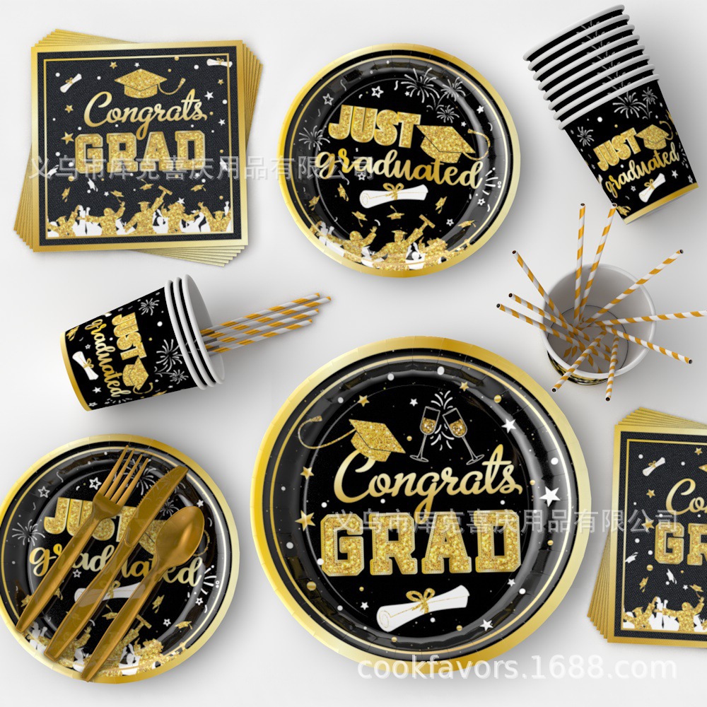 2025 nueva temporada de graduación de oro negro un solo conjunto de platos de comedor fiesta de graduación bandeja de papel taza de papel toalla de bandera de dibujo decoración