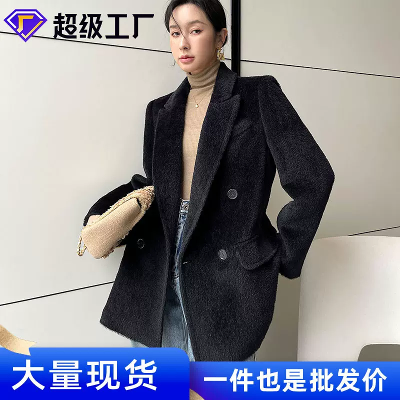 100大衣女短款苏丽羊驼毛大衣西装款批发羊毛西服毛呢外套修身
