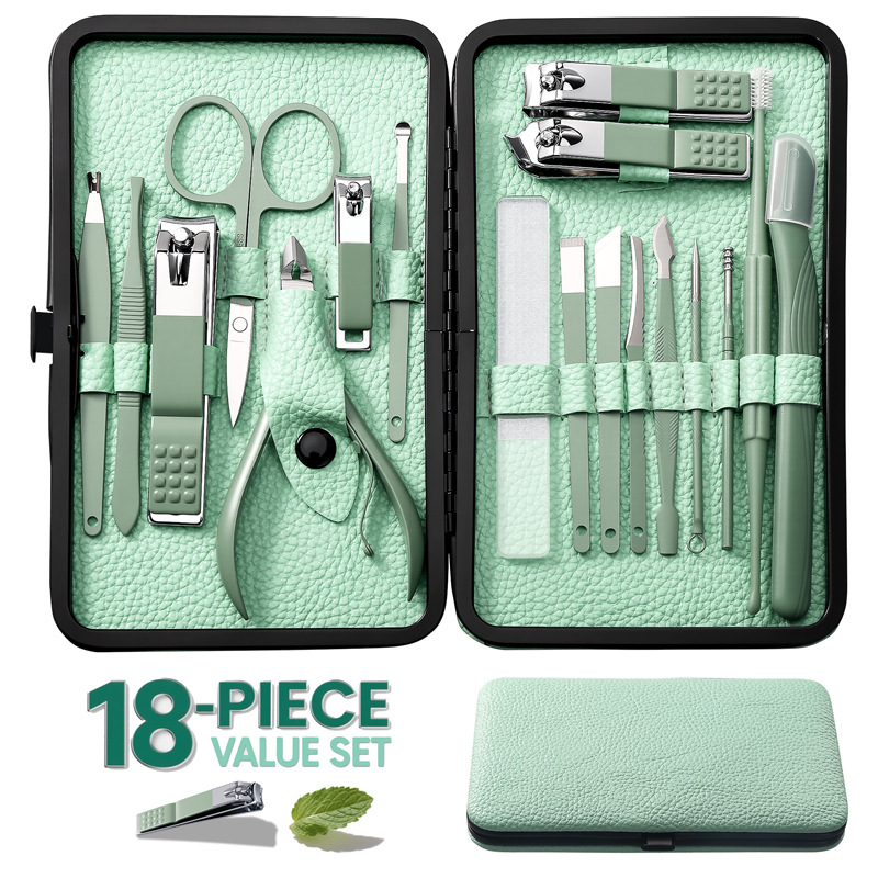 Cross-Border Nail Clipper Set Green 18-Piece Manicure Dead Skin Clipper Pedicure Knife Sharp and Durable Nail Clipper Set