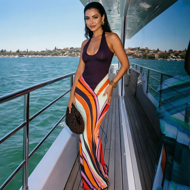 European and American Cross-Border 2026 Summer African Oil Painting Style Slim-Fit Long Dress Vacation Style Beach Elegant Dress