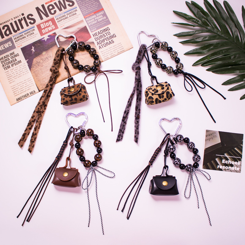 miu 小さくてかわいいレザー小銭入れキーホルダーペンダントヒョウ柄ビーズリボンバッグペンダント|undefined