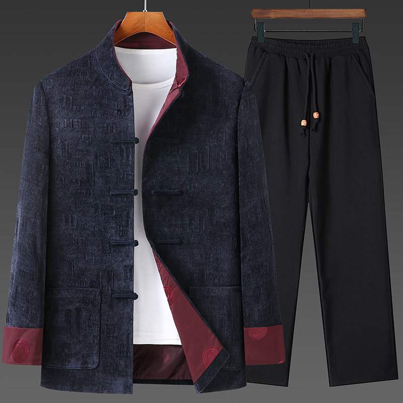 Men's Tang-style Spring and Autumn Jacket, Corduroy Jacquard Stand Collar Fold-button Jacket, New Chinese Style for Middle-aged and Elderly Fathers
