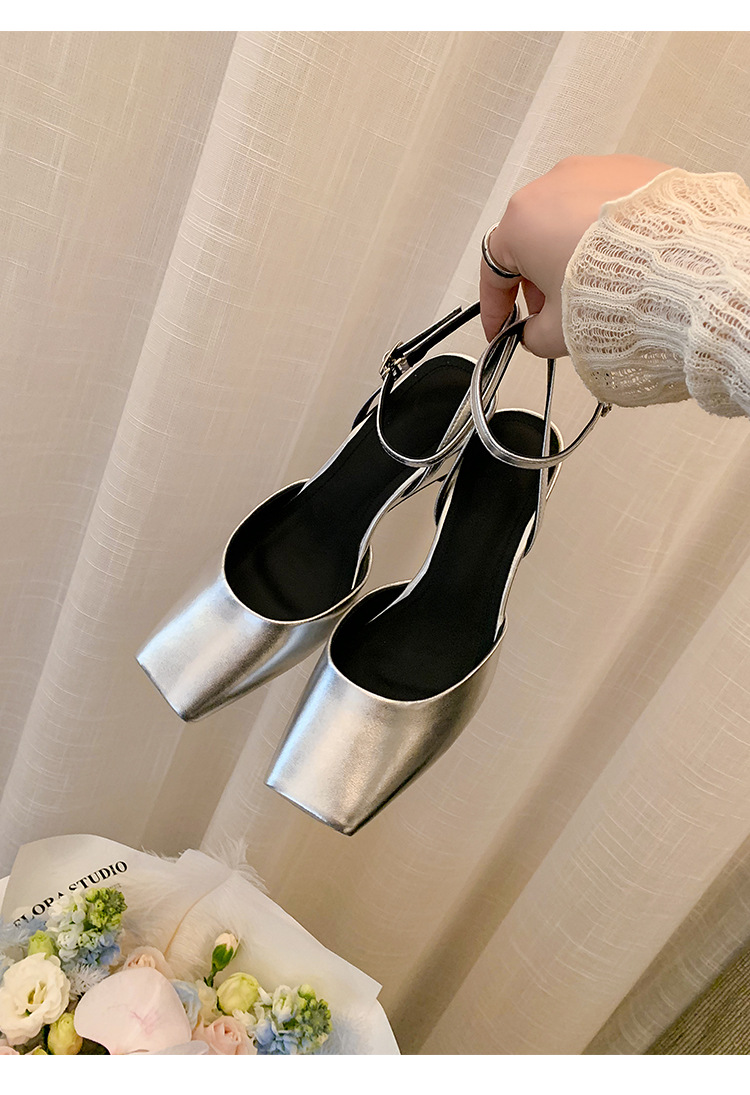 Sandal cao gót nữ mũi vuông quai mắt cá chân, gót xuồng 9 cm — đen, Màu trắng nhạt, bạc chi tiết 30