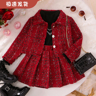 Children's wear suit cross-border Europe and the United States autumn and winter new high collar long sleeve inner coat pleated skirt girls three-piece suit