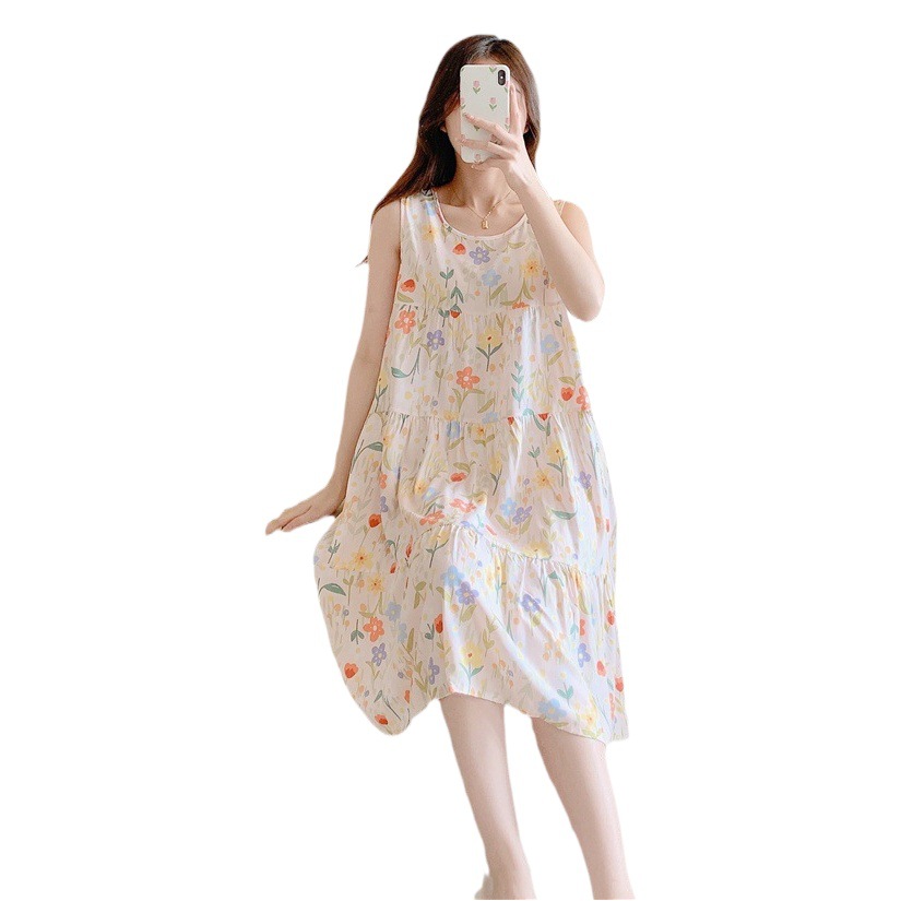 Camisón de seda de algodón para mujer, estilo fino de verano, pijamas estampados de gran tamaño de celebridades de Internet, nueva ropa de hogar sin mangas al por mayor en 2025