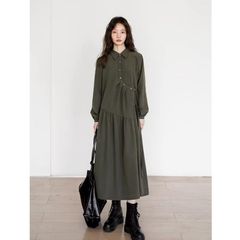 法式高级感长袖衬衫连衣裙女秋季大码胖mm复古设计感斜扣气质长裙
