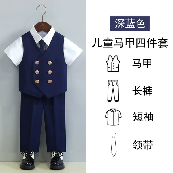 Dark blue vest, trousers, white shirt, tie