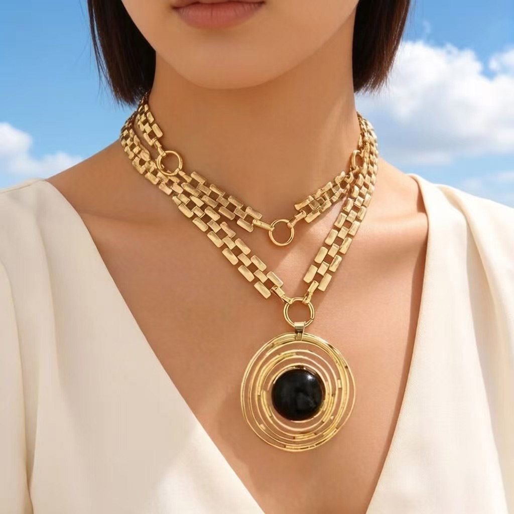 Personalized Retro Hollow Twisted Coil Pendant Double Layer Chain_voghion.com