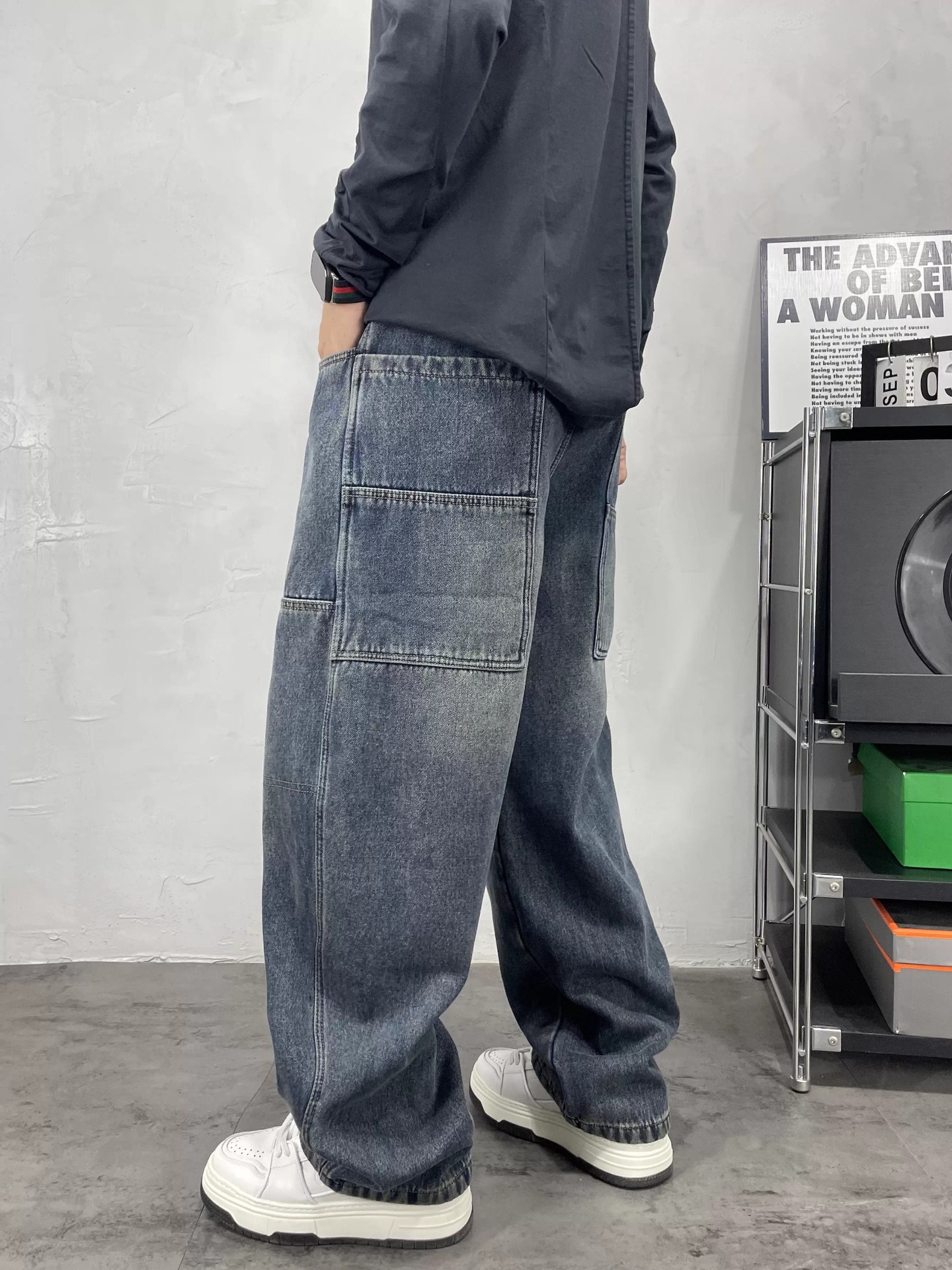 Men's High-Waisted Color-Block Jeans Blue & Black Loose Wide-Leg Straight Pants Hip Hop Style European American Trendy Brand_mkmklike.com