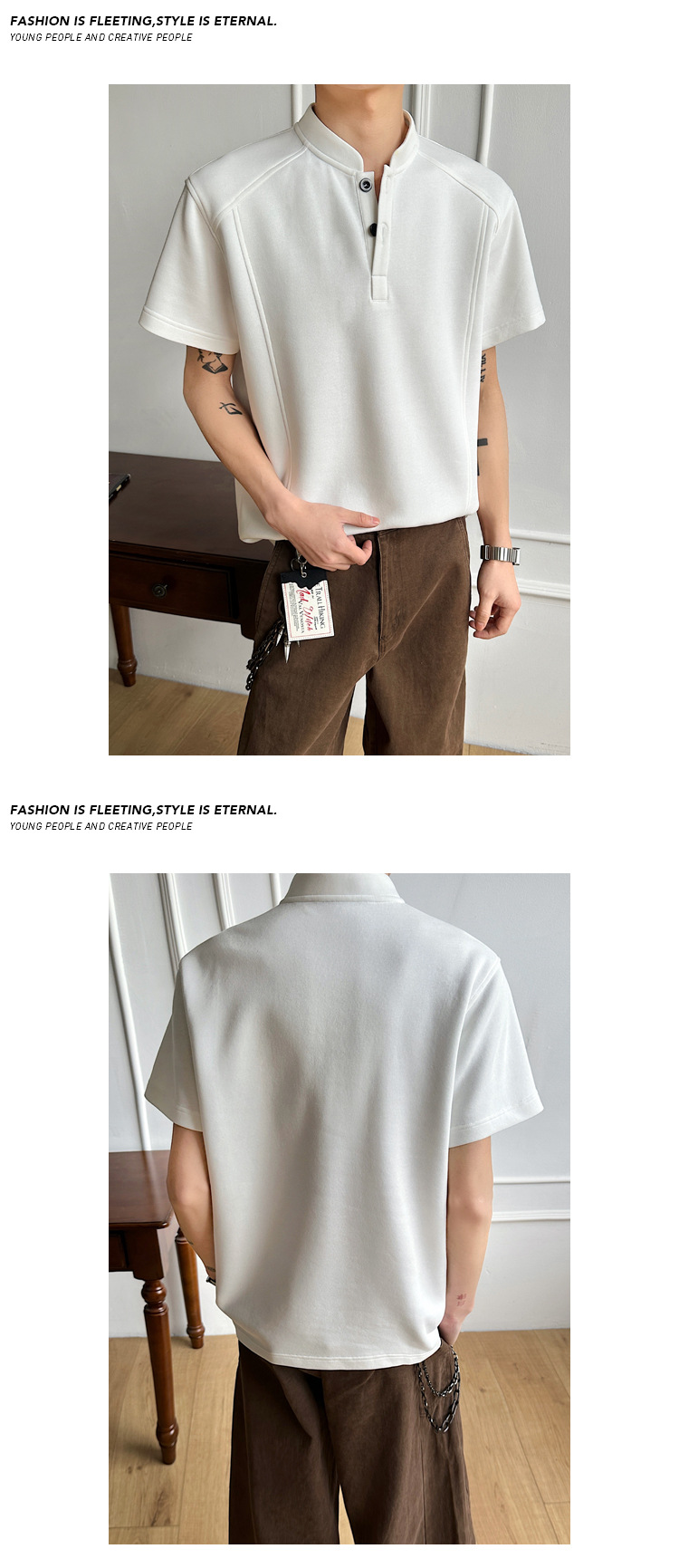 T-shirt da uomo high street con collo alla coreana casual top_voghion.com