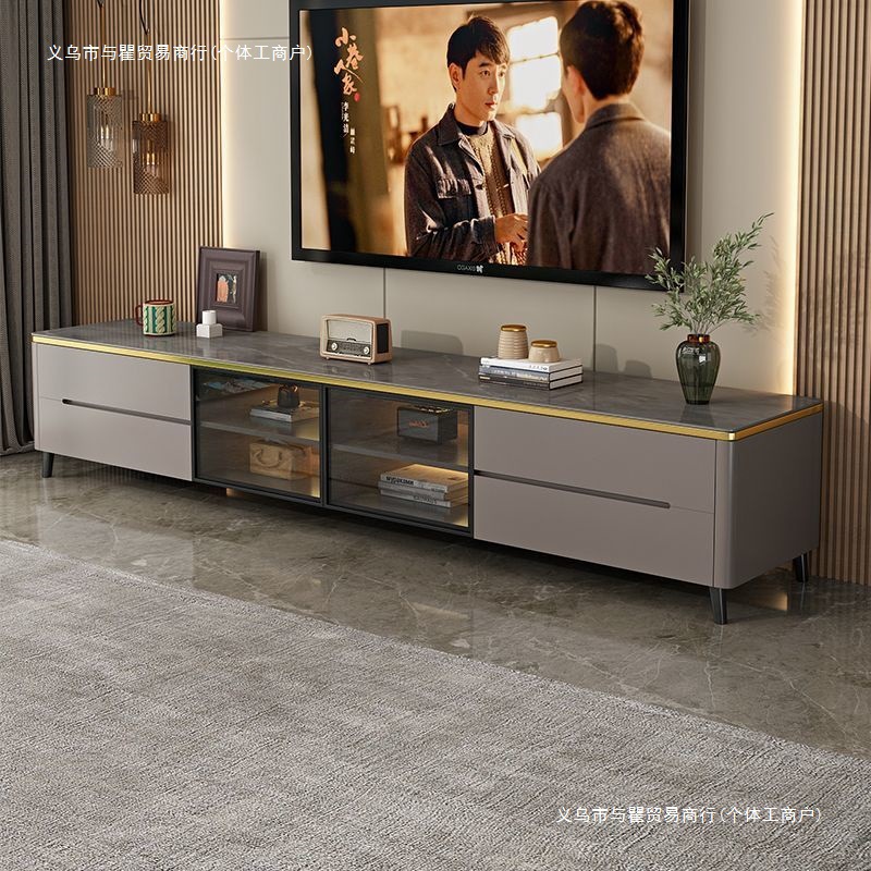 Minimalist Light Luxury Solid Wood Slate Tv Cabinet Coffee Table Combination Small Apartment Tempered Glass Floor-Standing Storage High-End Floor Cabinet
