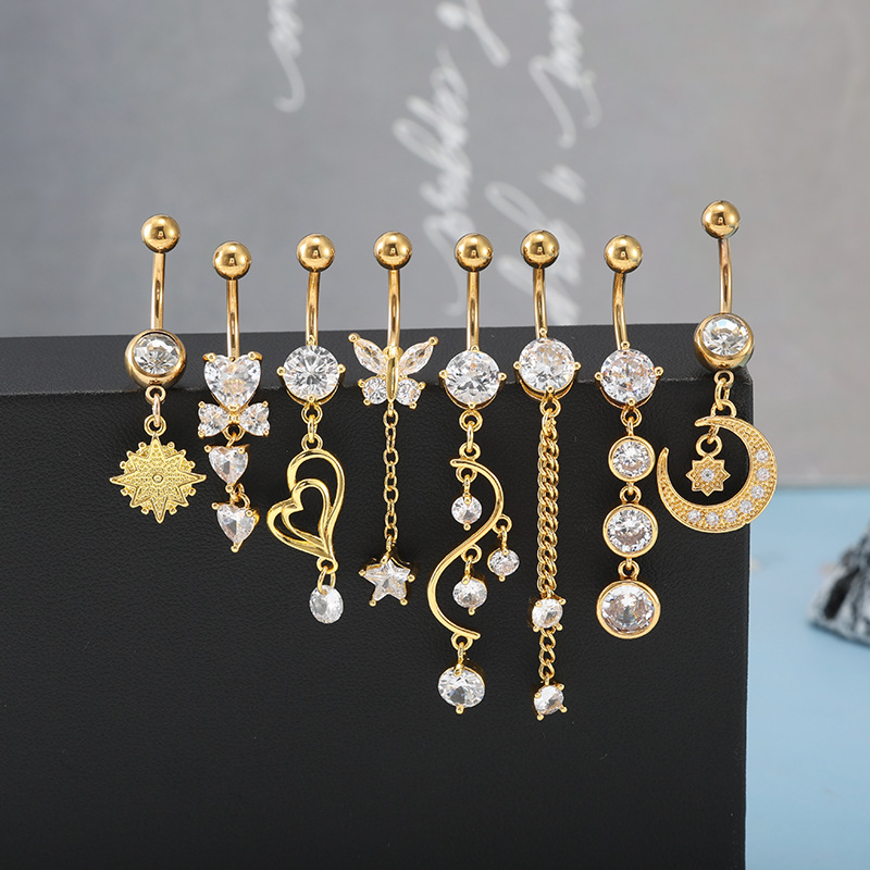 Wholesale 8-Piece Stainless Steel Belly Ring Set: Star, Moon, Butterfly, Heart Designs, Mixed Styles detail image 8