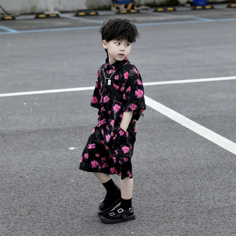 2025 New Boys' Suits Kidsren's Summer Trendy Cool Shirts Short-Sleeved Cool and Handsome Baby Beach Vacation Style Kidsren's Clothing Trend