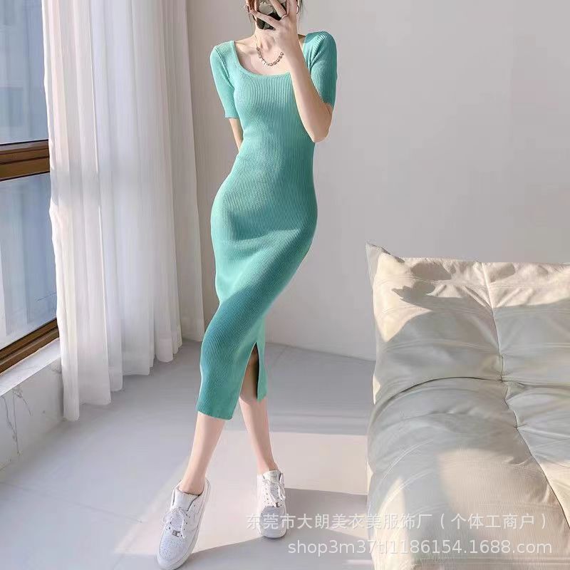 Summer New Style Square Neck Short-Sleeved Knitted Slim Dress, Versatile and Versatile, Thin, Simple, Hip-Hugging Long Skirt with Back Slit