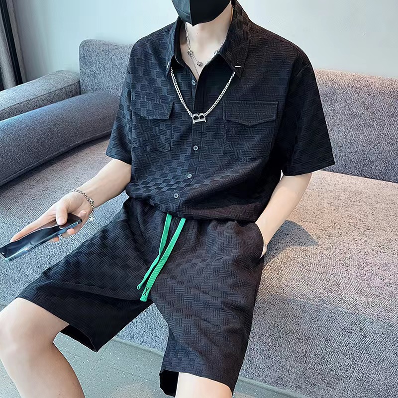 Traje deportivo casual para hombre verano 2023 camisa de manga corta de cinco puntos con pantalones cortos de cinco puntos conjunto de moda ruoshuai