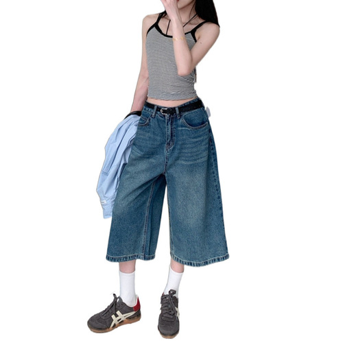 Vintage Cowboy Women's Summer Thin High-Waisted Loose Slimming Plus Size Straight Leg Wide Leg Over-Knee Seven-Eighth Pants