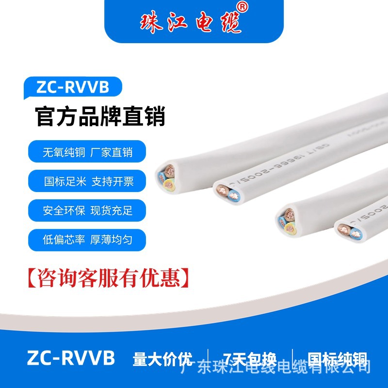 广东珠江电缆2芯RVV0.5-4白护套铜芯电线家装阻燃工程软电源线