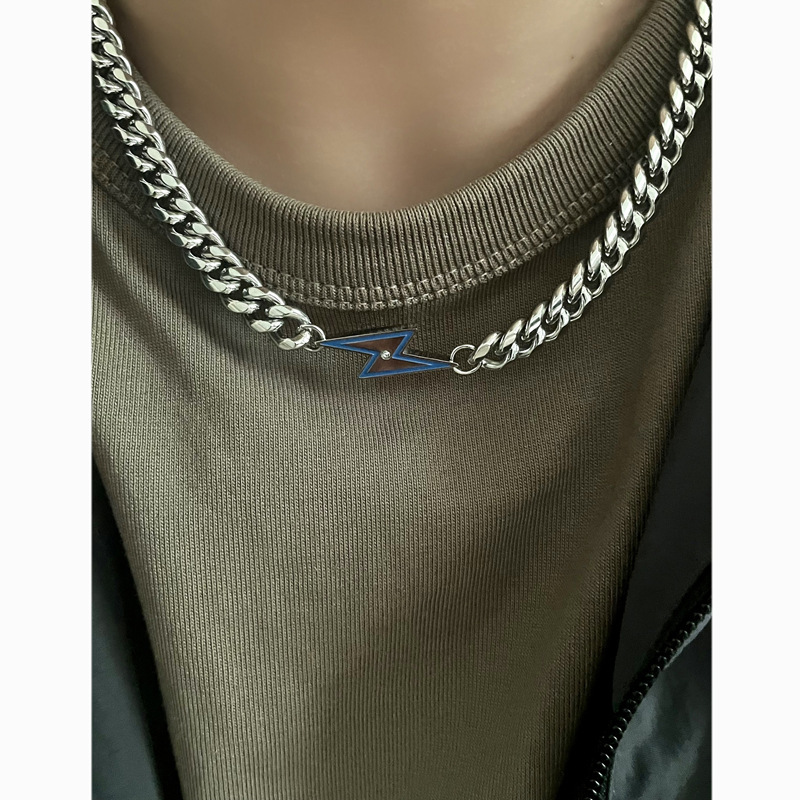 Collier Lightning pour homme, entièrement en acier titane, inaltérable, chaîne cubaine simple et polyvalente, style urbain tendance._voghion.com