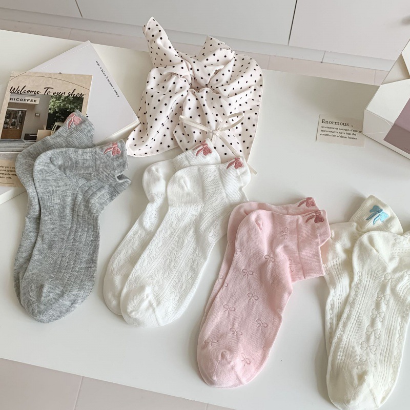 夏季薄款日系蝴蝶結船襪透氣ins後跟刺繡淺口短襪女百搭學生棉襪
