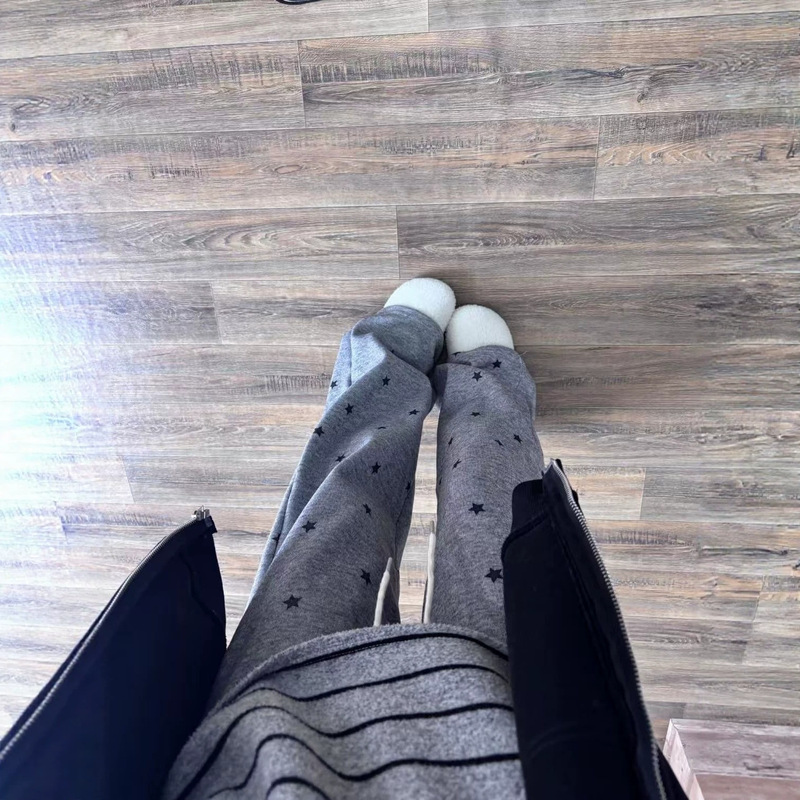 American-style star-print gray casual pants for women, 2026 spring new model, loose-fitting, slimming, high-waisted, versatile wide-leg trousers American-style star-print gray casual pants for women, 2026 spring new model, loose-fitting, slimming, high-waisted, versatile wide-leg trousers