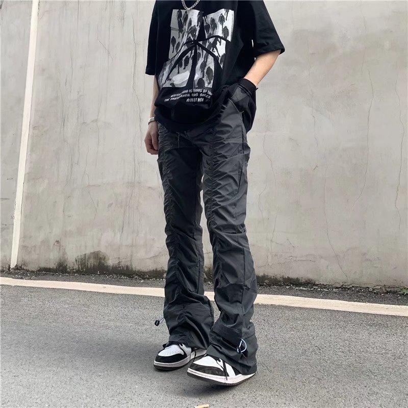 High street vibe style pleated straight casual pants men's fashion brand design drawstring loose micro flared trousers spring and autumn